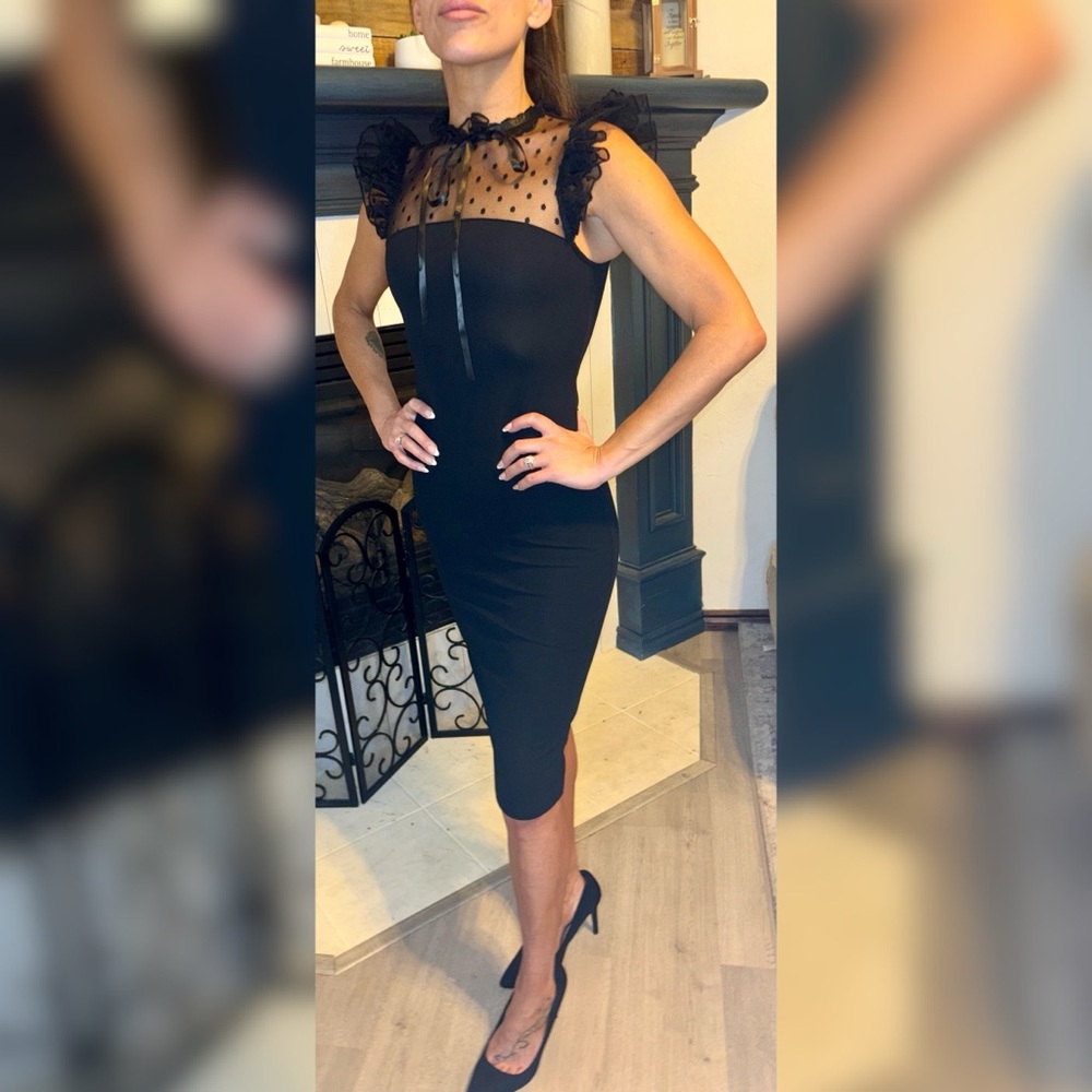 Black Sheath Mini Dress with Mock Neck and Flutter Cap Sleeves